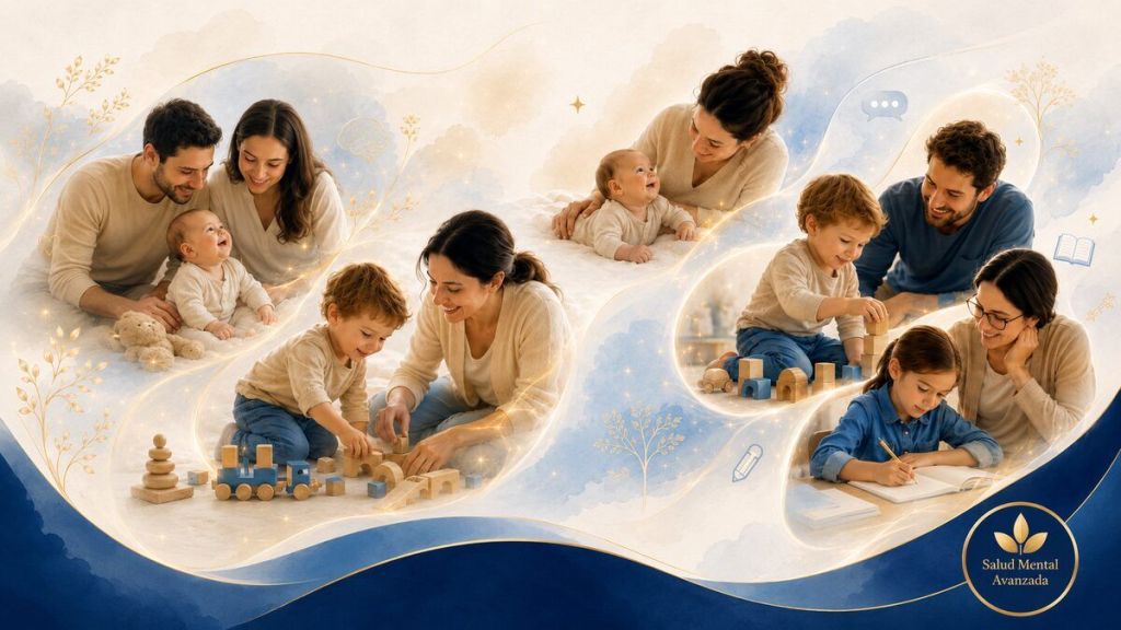 Familias acompañando a bebés y niños en distintas etapas del desarrollo infantil.