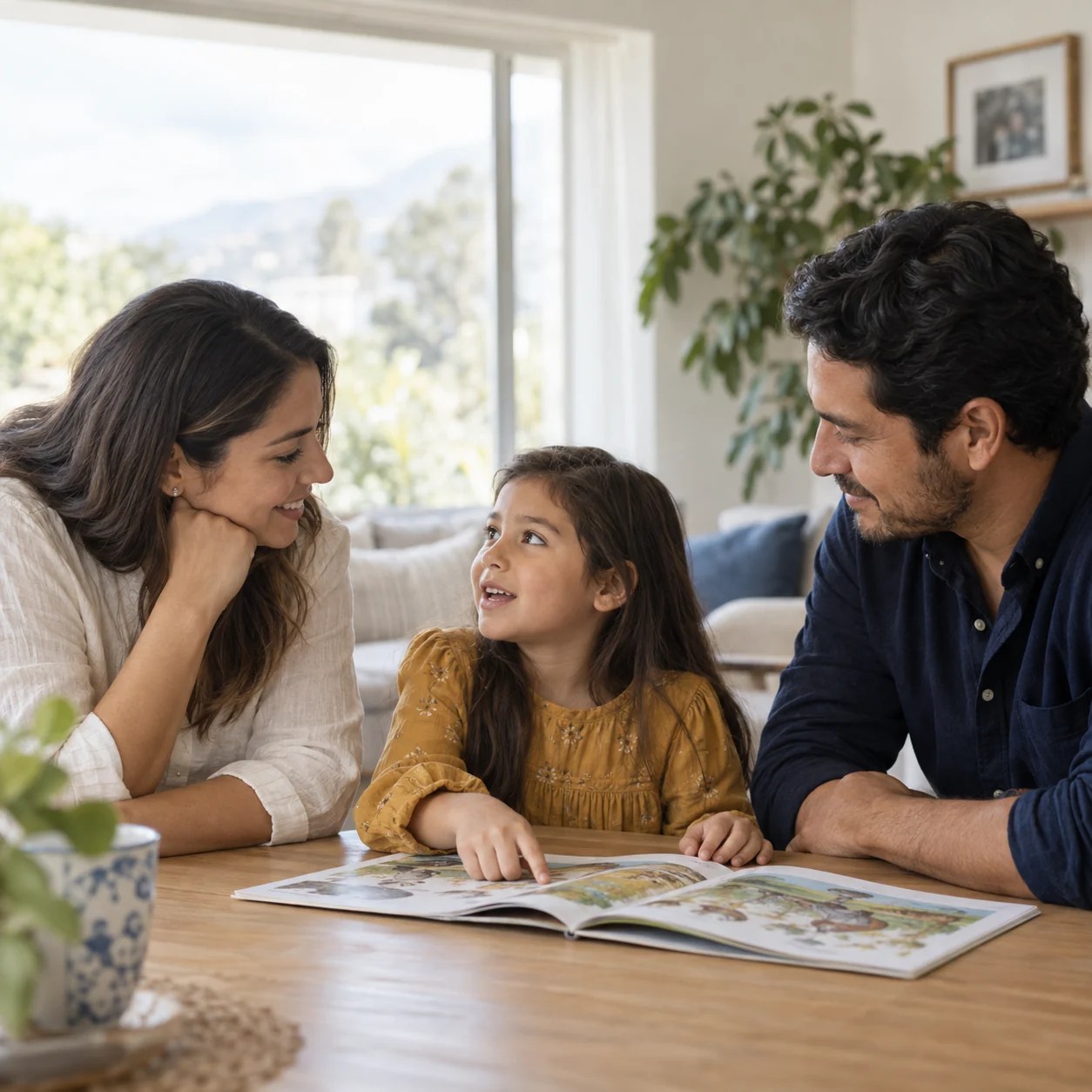 Una madre y un padre escuchan a su hija mientras comparten un libro en casa.